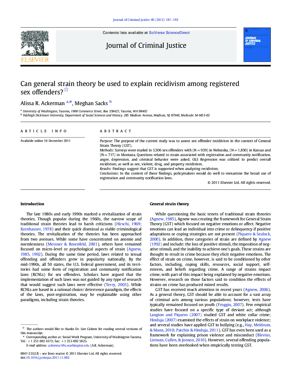 Can general strain theory be used to explain recidivism among registered sex offenders? 