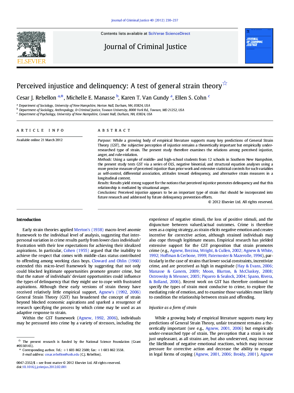 Perceived injustice and delinquency: A test of general strain theory 