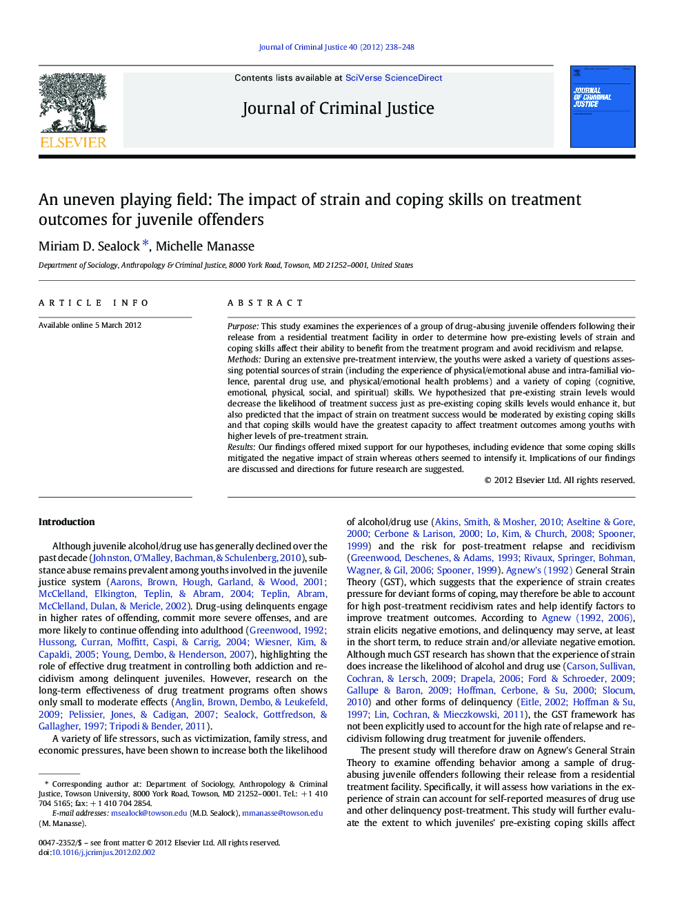 عکس صفحه اول مقاله: An uneven playing field: The impact of strain and coping skills on treatment outcomes for juvenile offenders An uneven playing field: The impact of strain and coping skills on treatment outcomes for juvenile offenders