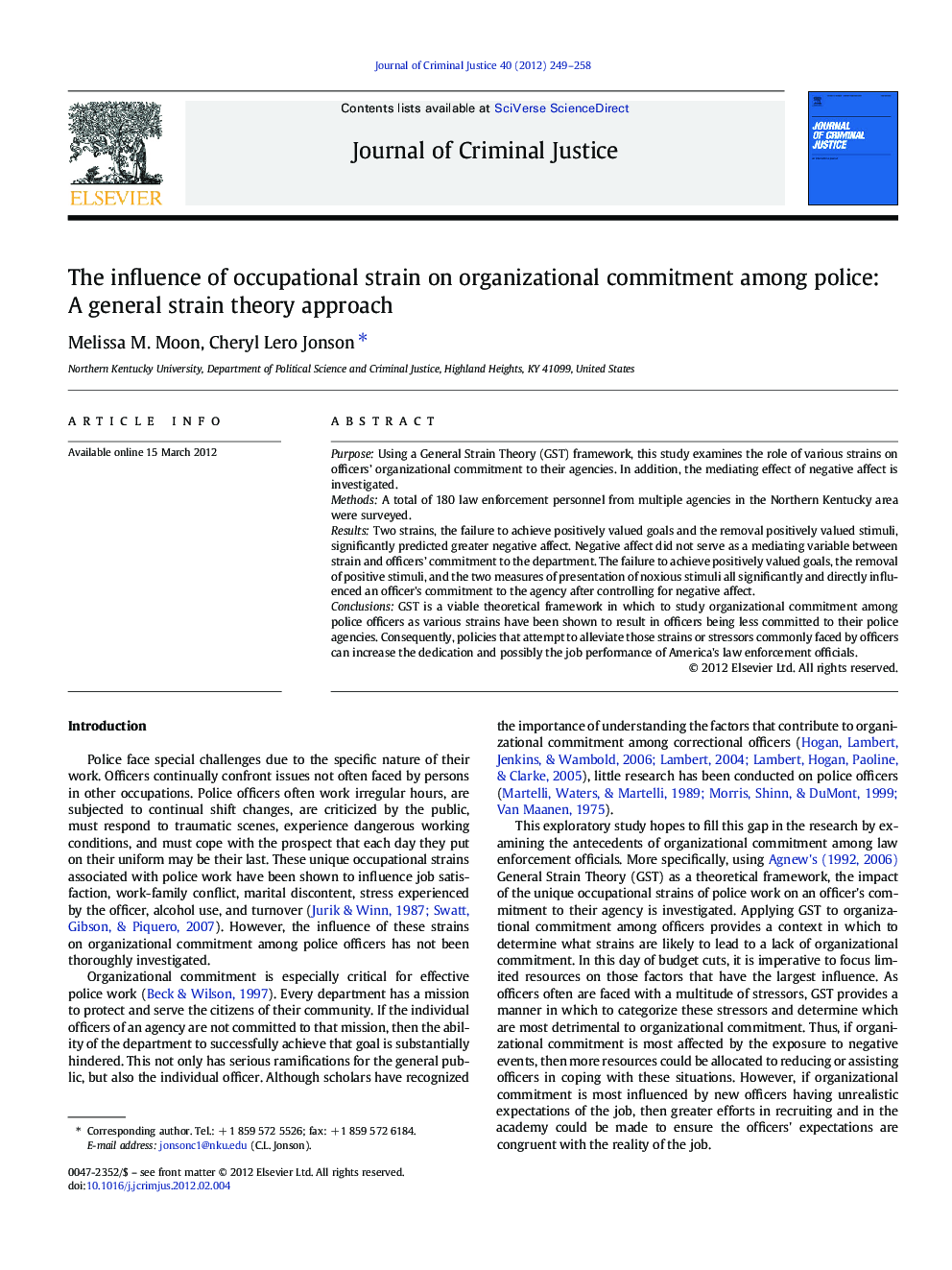 عکس صفحه اول مقاله: The influence of occupational strain on organizational commitment among police: A general strain theory approach The influence of occupational strain on organizational commitment among police: A general strain theory approach