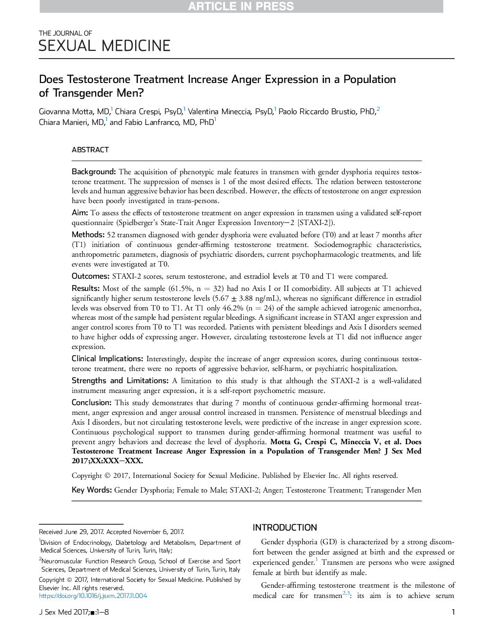 Does Testosterone Treatment Increase Anger Expression in a Population of Transgender Men?