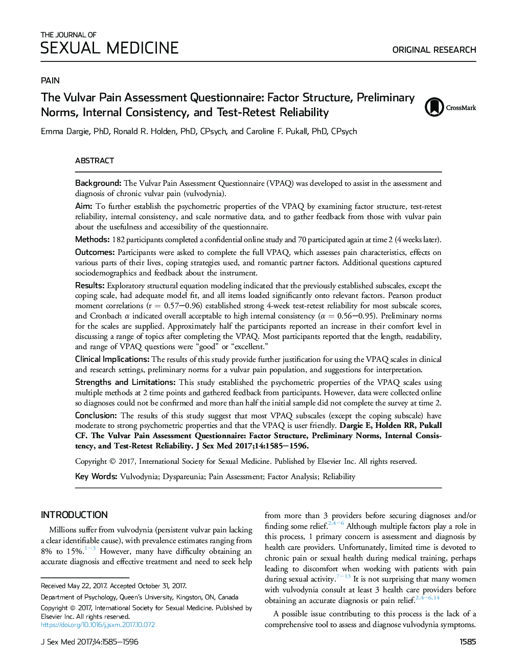 The Vulvar Pain Assessment Questionnaire: Factor Structure, Preliminary Norms, Internal Consistency, and Test-Retest Reliability