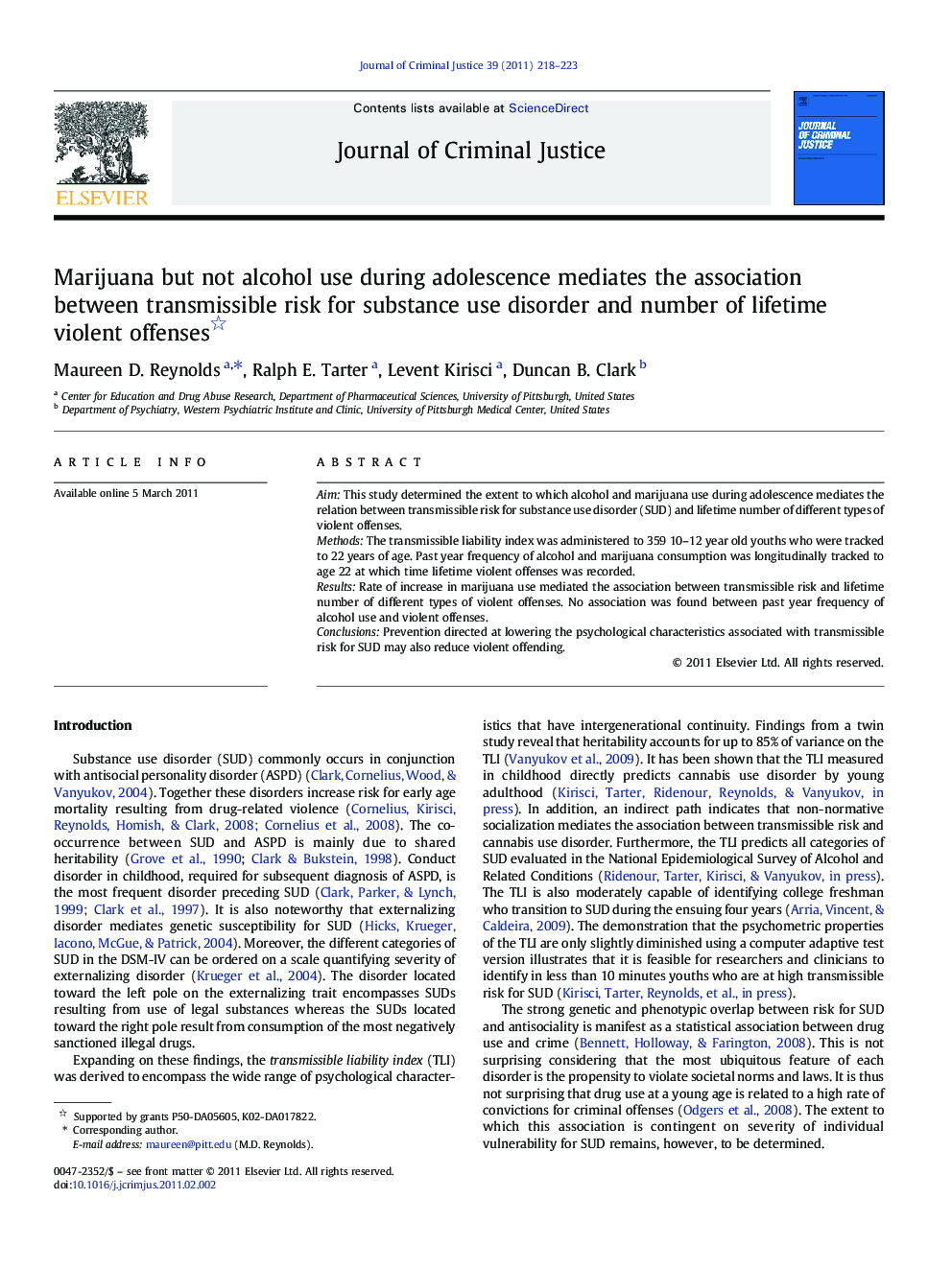Marijuana but not alcohol use during adolescence mediates the association between transmissible risk for substance use disorder and number of lifetime violent offenses 