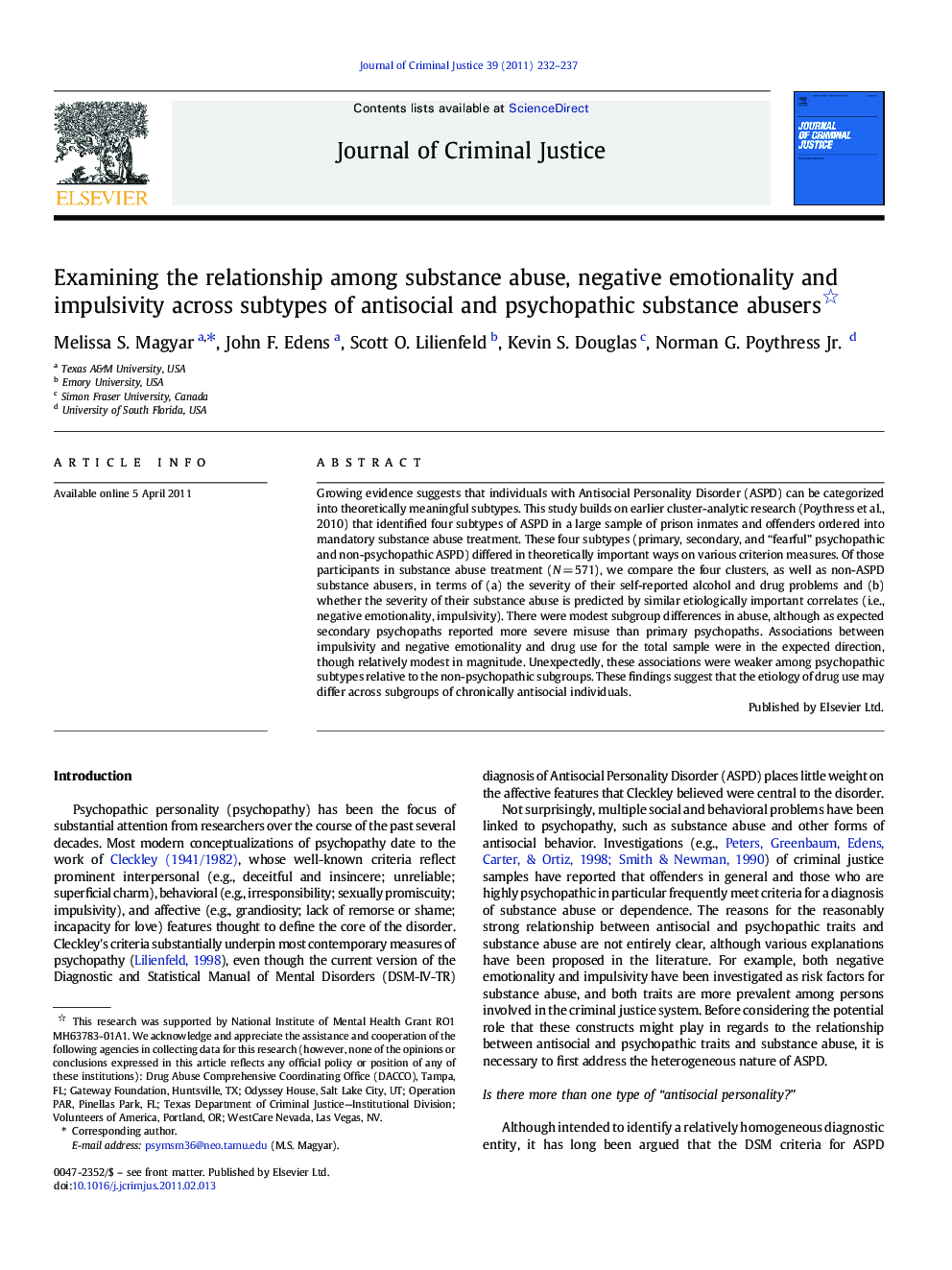 Examining the relationship among substance abuse, negative emotionality and impulsivity across subtypes of antisocial and psychopathic substance abusers 