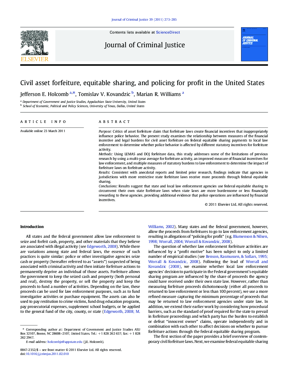 Civil asset forfeiture, equitable sharing, and policing for profit in the United States