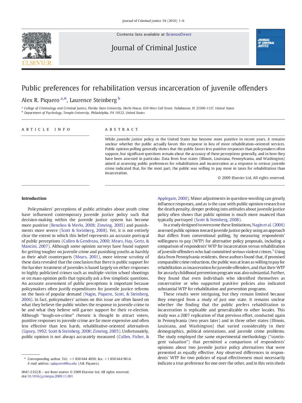 Public preferences for rehabilitation versus incarceration of juvenile offenders