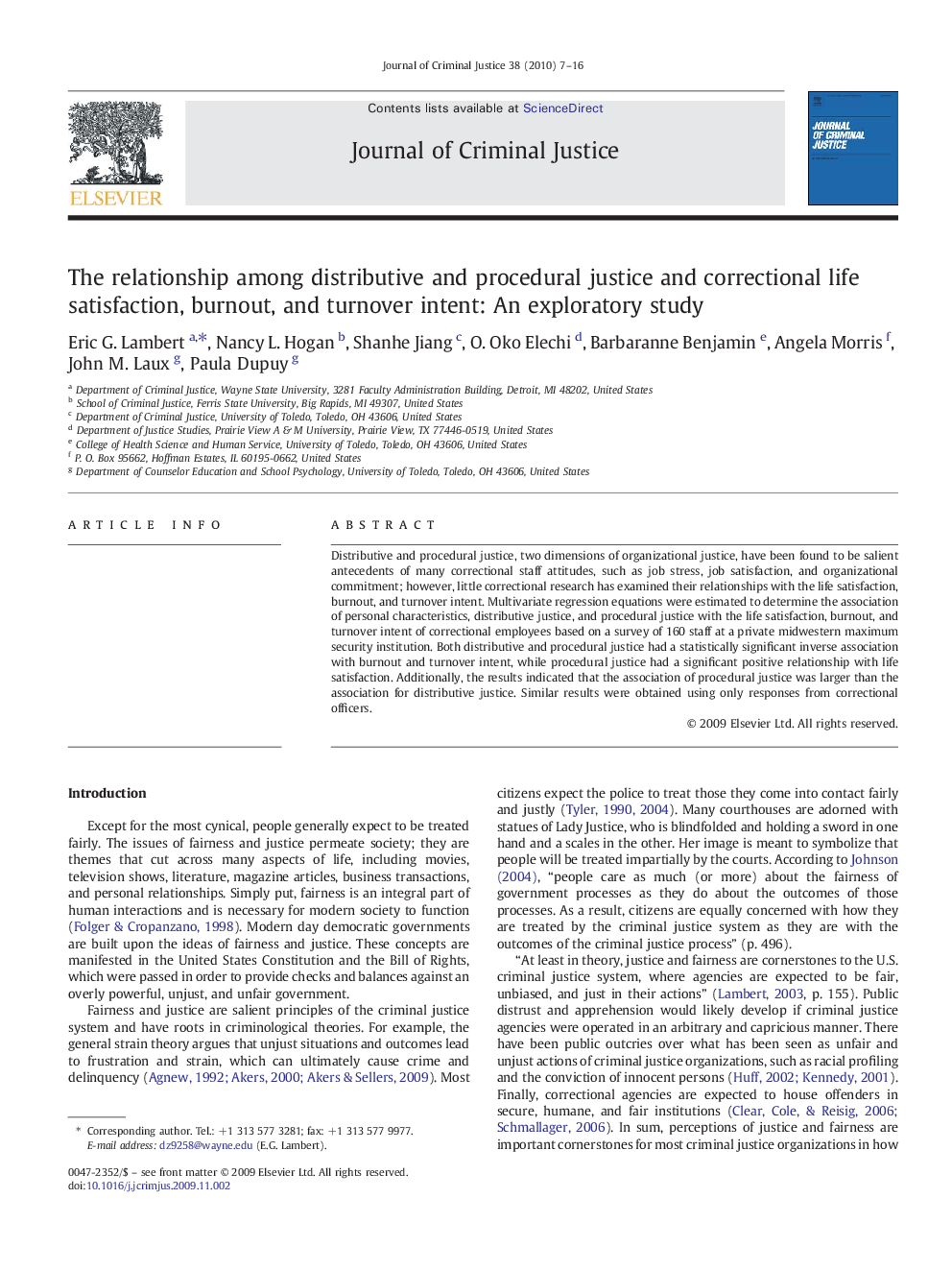 The relationship among distributive and procedural justice and correctional life satisfaction, burnout, and turnover intent: An exploratory study