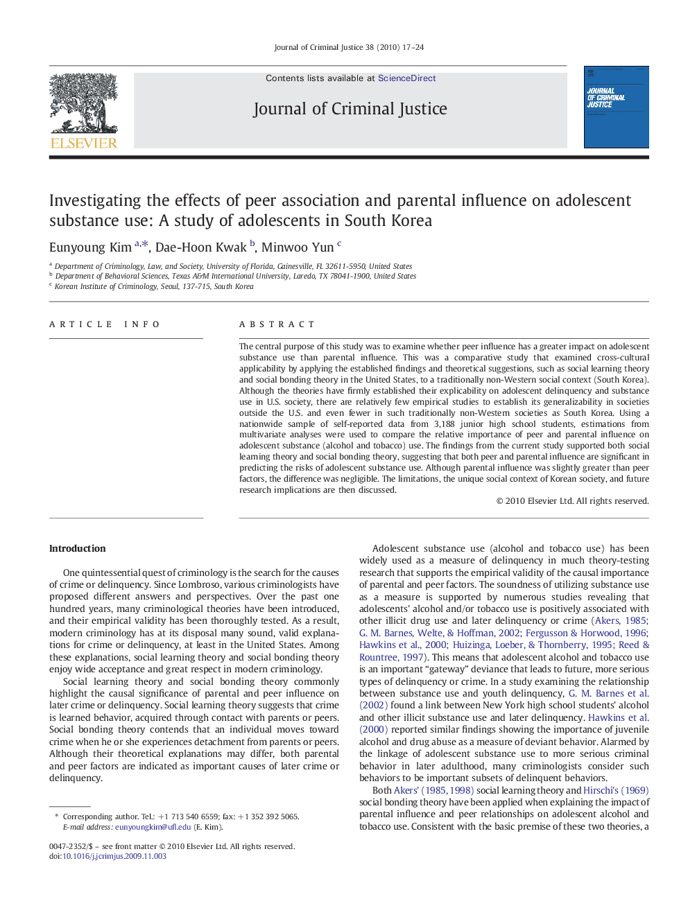 Investigating the effects of peer association and parental influence on adolescent substance use: A study of adolescents in South Korea