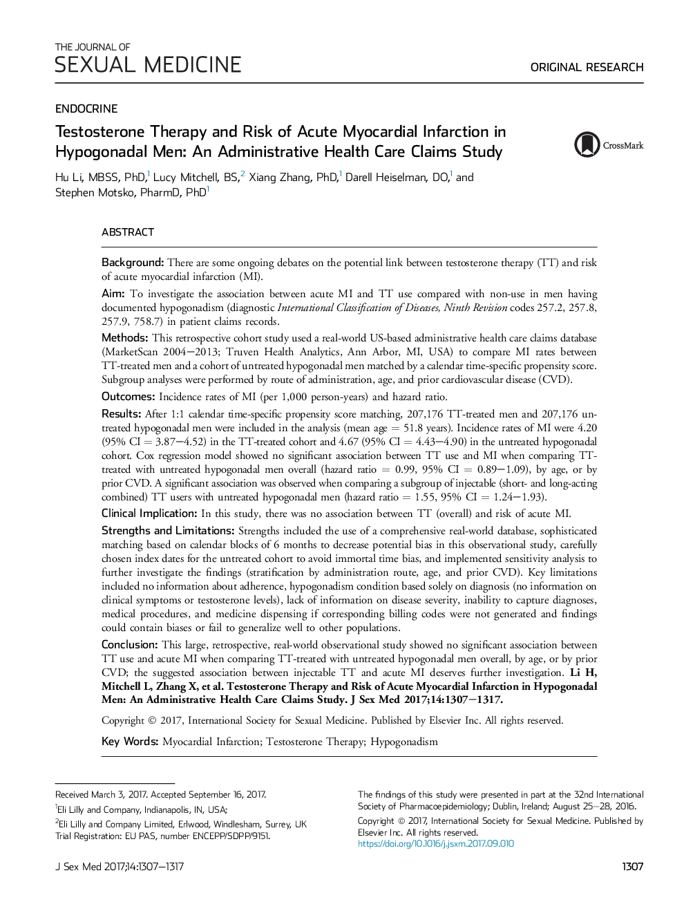 Testosterone Therapy and Risk of Acute Myocardial Infarction in Hypogonadal Men: An Administrative Health Care Claims Study