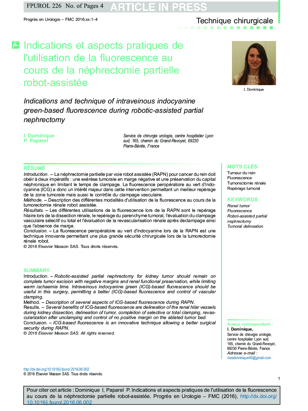 Indications et aspects pratiques de l'utilisation de la fluorescence au cours de la néphrectomie partielle robot-assistée