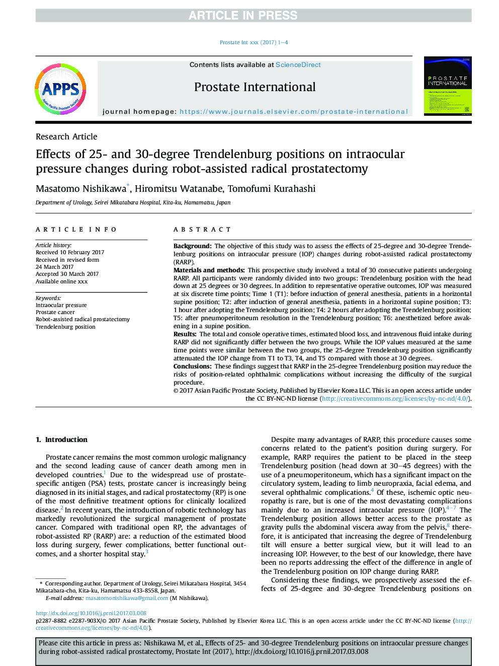 Effects of 25- and 30-degree Trendelenburg positions on intraocular pressure changes during robot-assisted radical prostatectomy