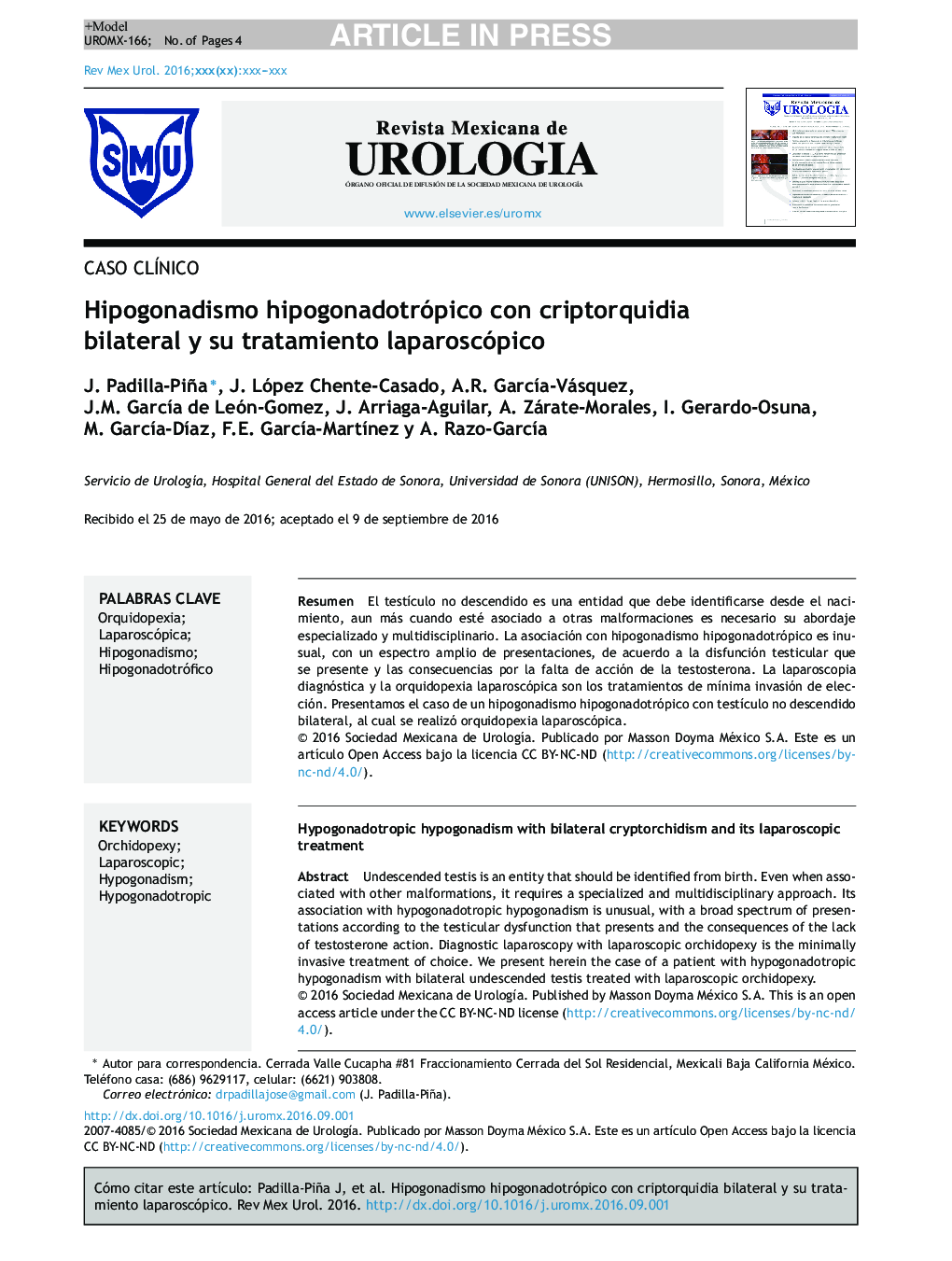 Hipogonadismo hipogonadotrópico con criptorquidia bilateral y su tratamiento laparoscópico