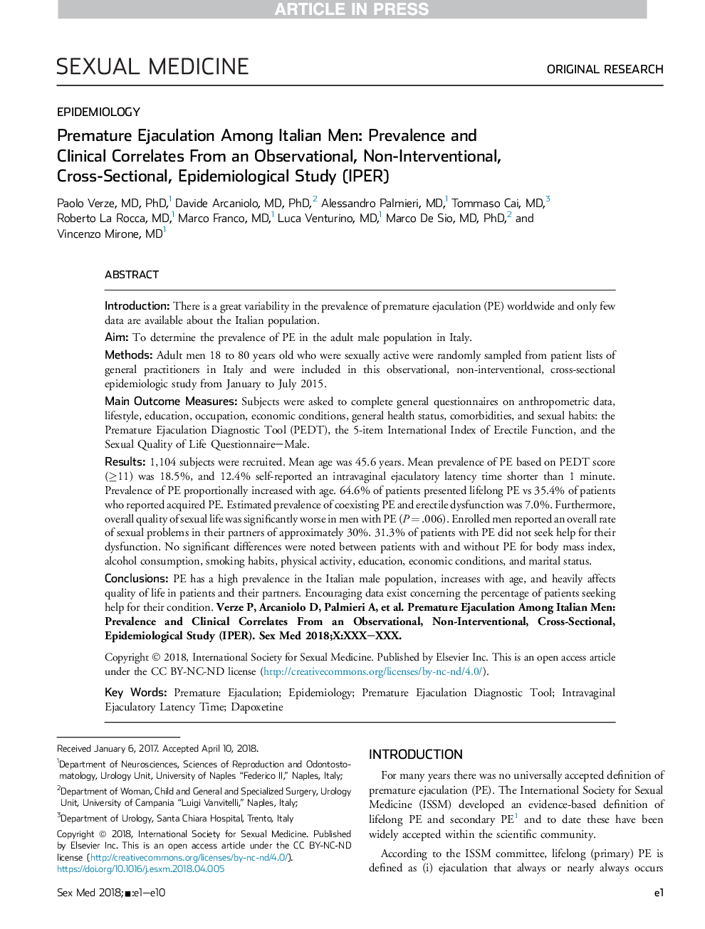 Premature Ejaculation Among Italian Men: Prevalence and ClinicalÂ Correlates From an Observational, Non-Interventional, Cross-Sectional, Epidemiological Study (IPER)