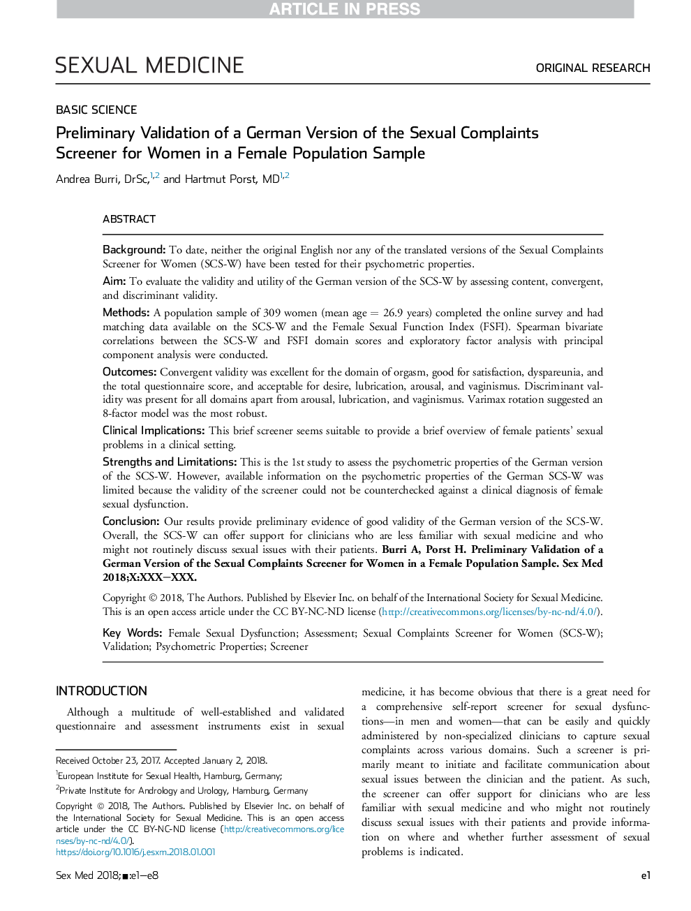 Preliminary Validation of a German Version of the Sexual Complaints Screener for Women in a Female Population Sample