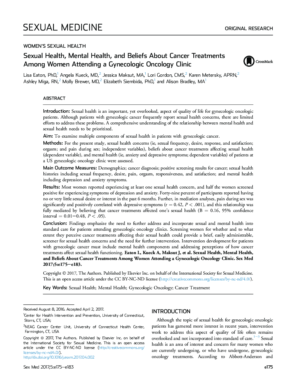 Sexual Health, Mental Health, and Beliefs About Cancer Treatments Among Women Attending a Gynecologic Oncology Clinic