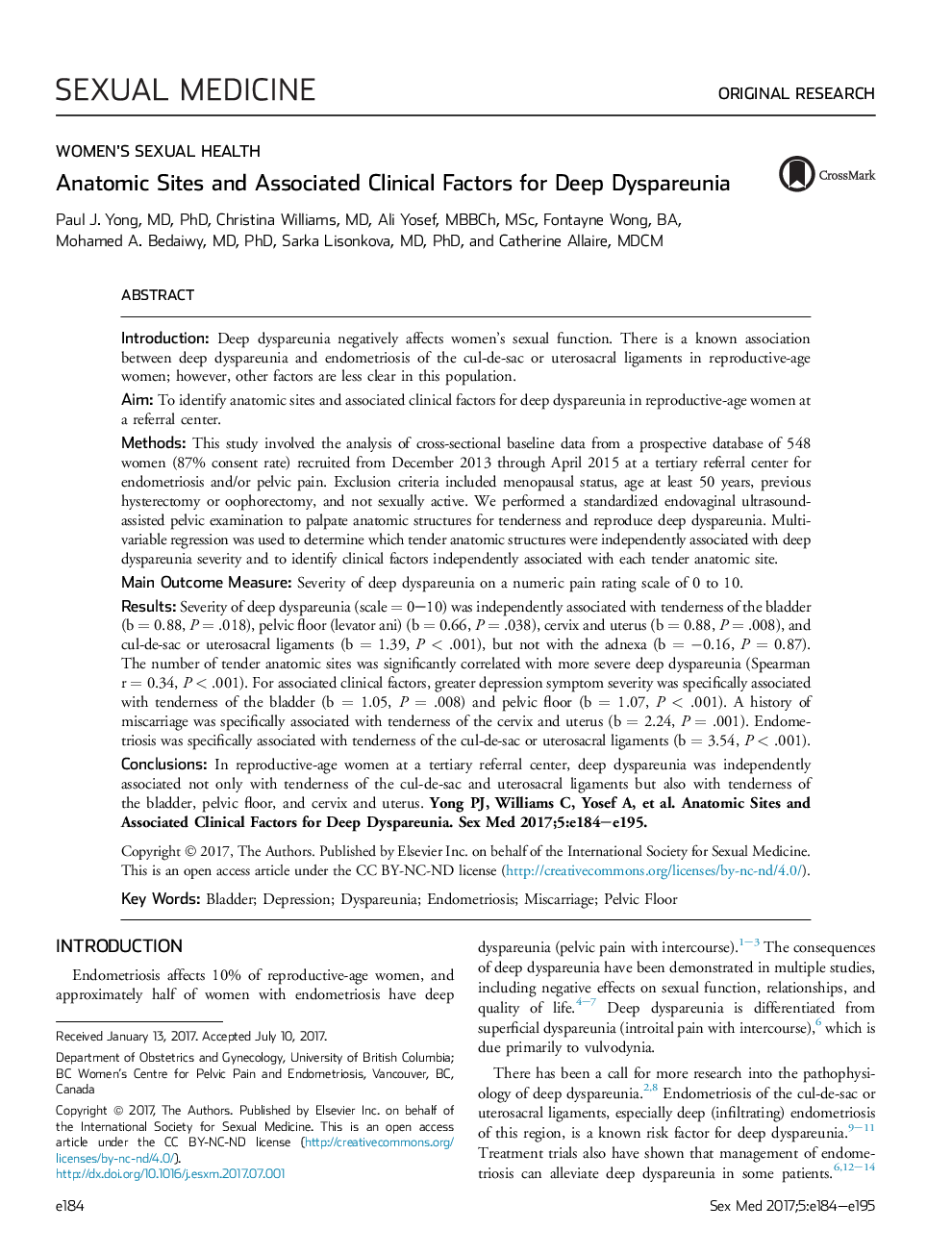 Anatomic Sites and Associated Clinical Factors for Deep Dyspareunia