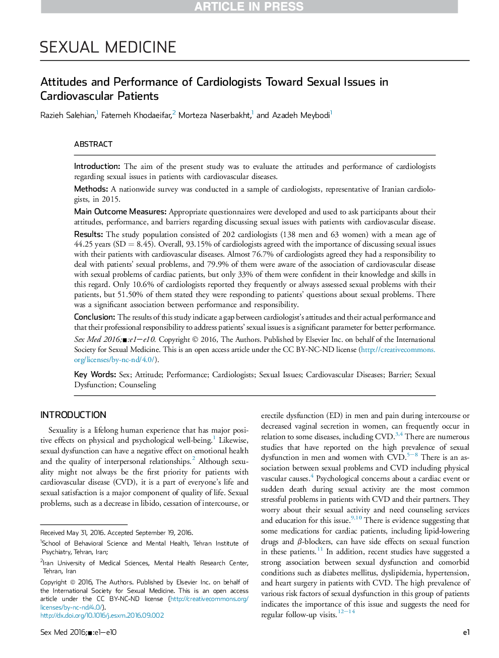 Attitudes and Performance of Cardiologists Toward Sexual Issues in Cardiovascular Patients