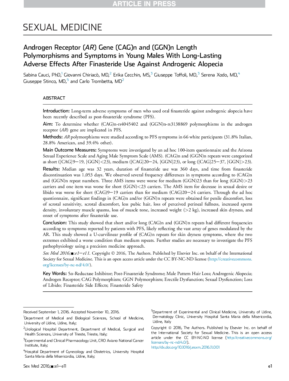 Androgen Receptor (AR) Gene (CAG)n and (GGN)n Length Polymorphisms and Symptoms in Young Males With Long-Lasting Adverse Effects After Finasteride Use Against Androgenic Alopecia