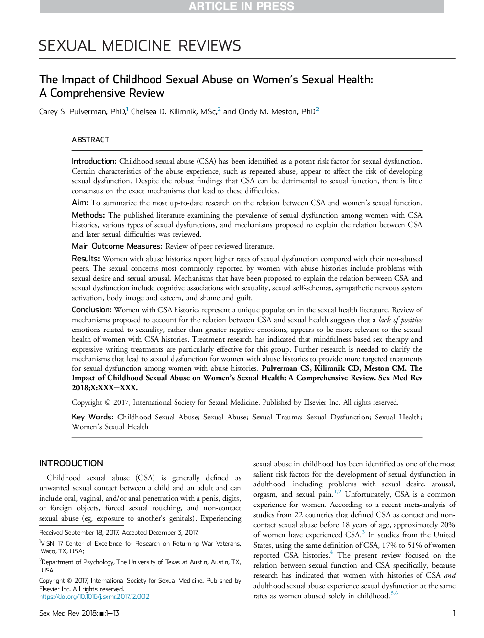 The Impact of Childhood Sexual Abuse on Women's Sexual Health: AÂ Comprehensive Review