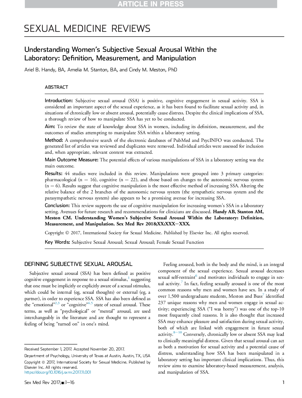 Understanding Women's Subjective Sexual Arousal Within the Laboratory: Definition, Measurement, and Manipulation