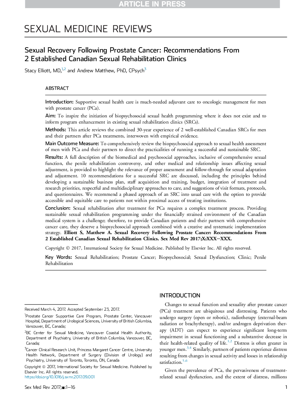 Sexual Recovery Following Prostate Cancer: Recommendations From 2Â Established Canadian Sexual Rehabilitation Clinics