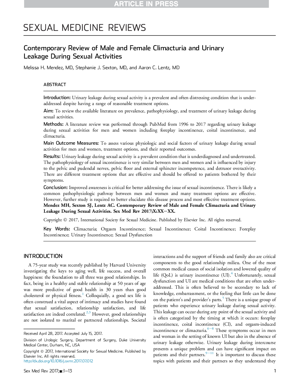 Contemporary Review of Male and Female Climacturia and Urinary Leakage During Sexual Activities