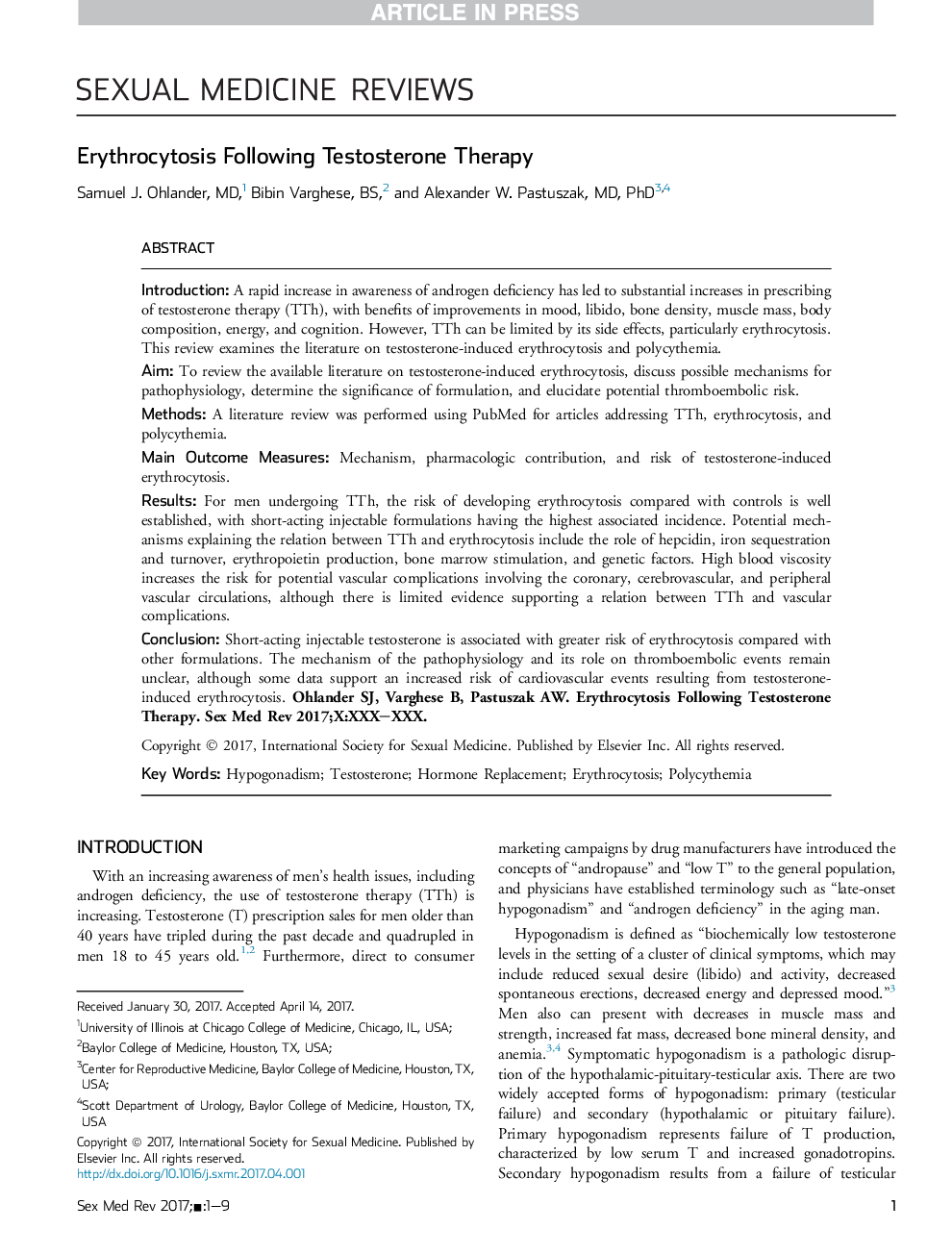 Erythrocytosis Following Testosterone Therapy