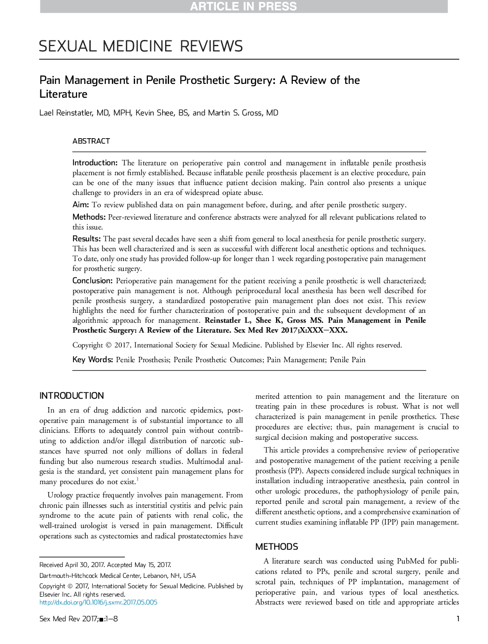 Pain Management in Penile Prosthetic Surgery: A Review of the Literature