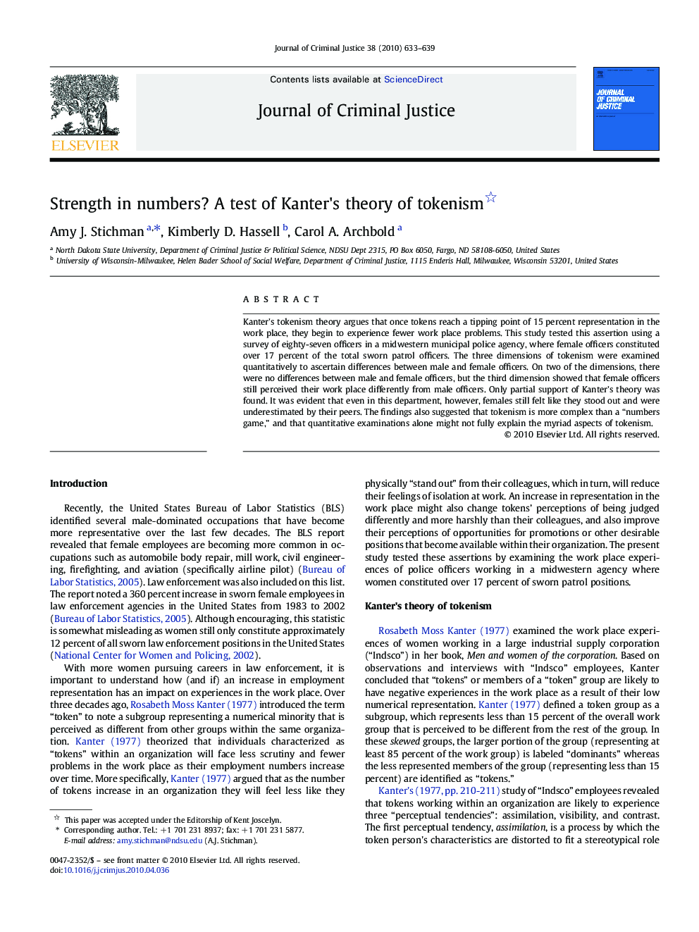 Strength in numbers? A test of Kanter's theory of tokenism 