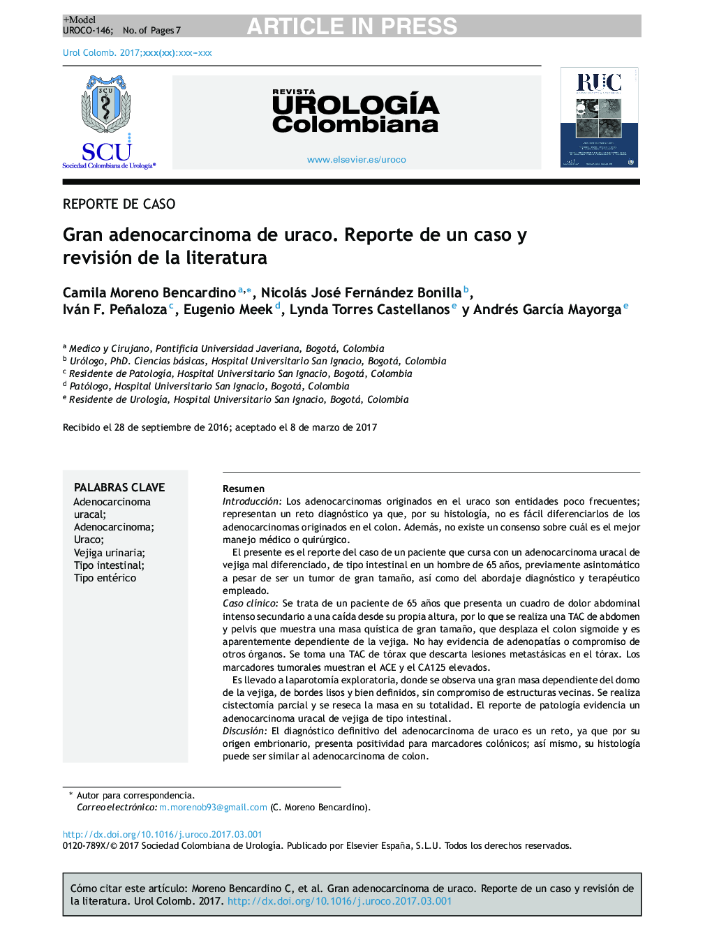 Gran adenocarcinoma de uraco. Reporte de un caso y revisión de la literatura