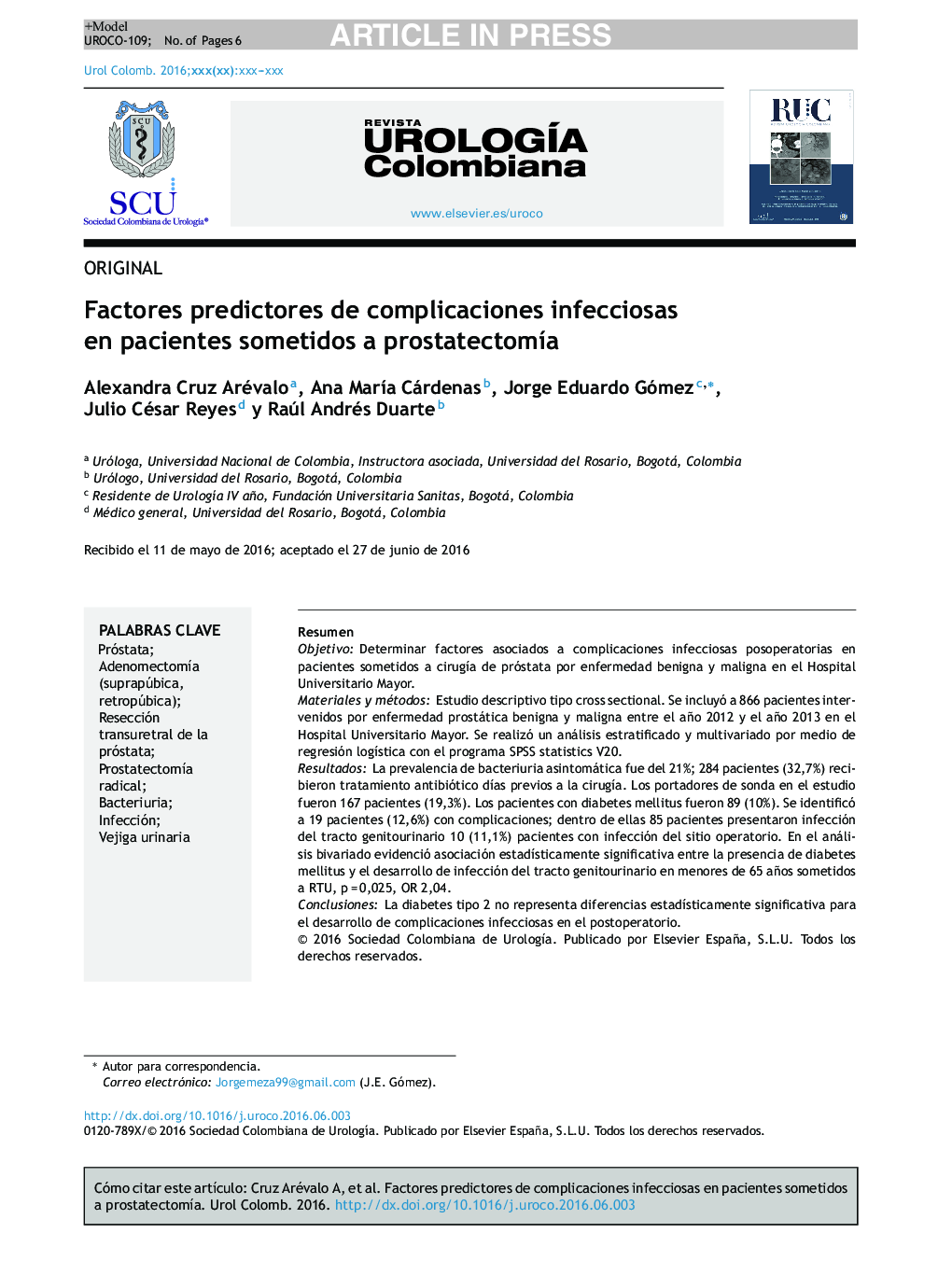 Factores predictores de complicaciones infecciosas en pacientes sometidos a prostatectomÃ­a