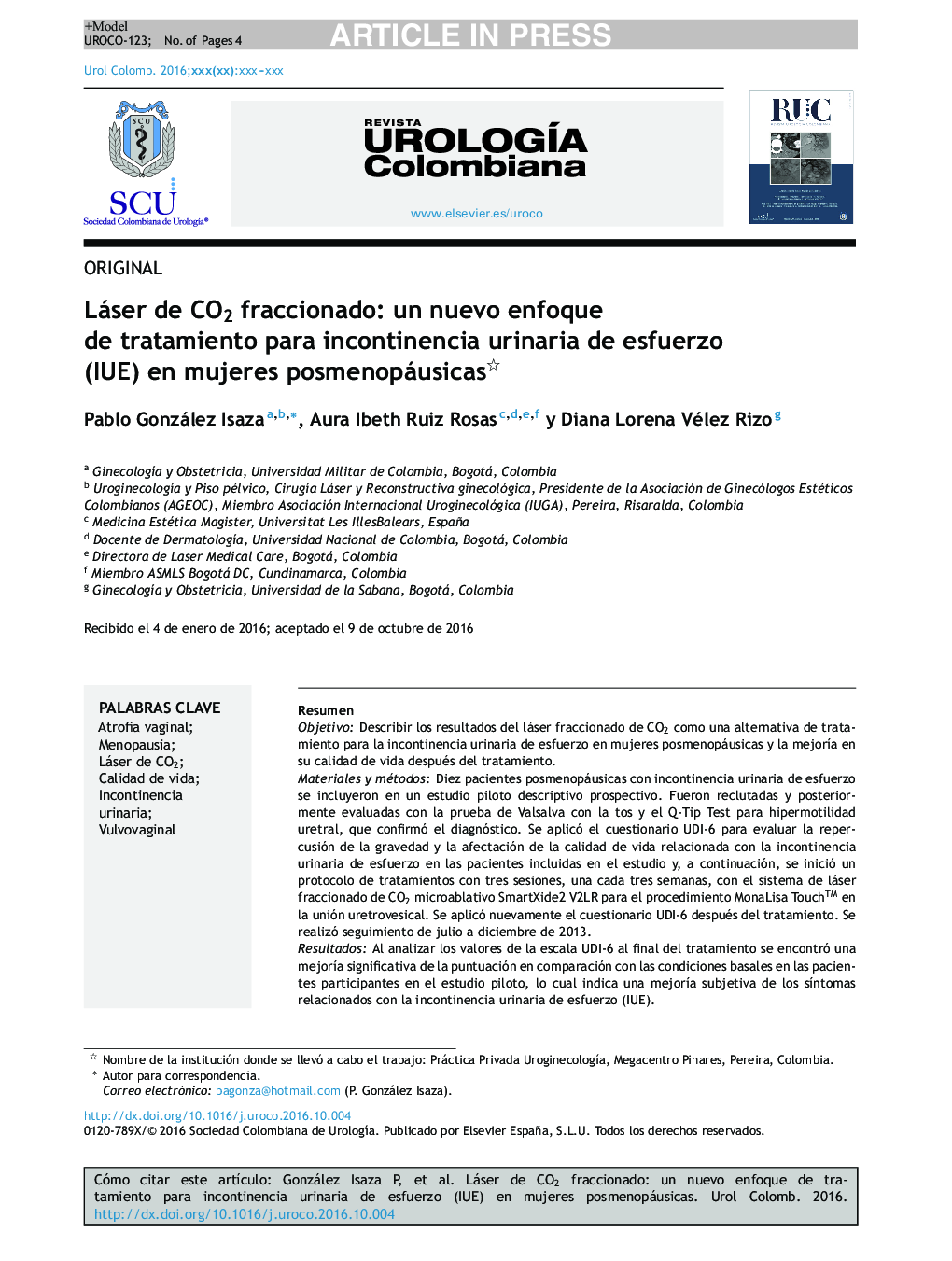 Láser de CO2 fraccionado: un nuevo enfoque de tratamiento para incontinencia urinaria de esfuerzo (IUE) en mujeres posmenopáusicas