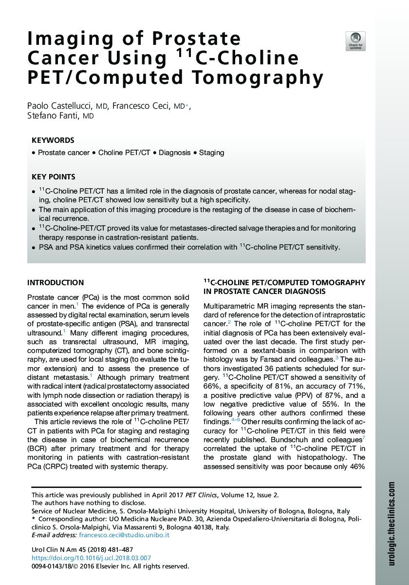 Imaging of Prostate Cancer Using 11C-Choline PET/Computed Tomography