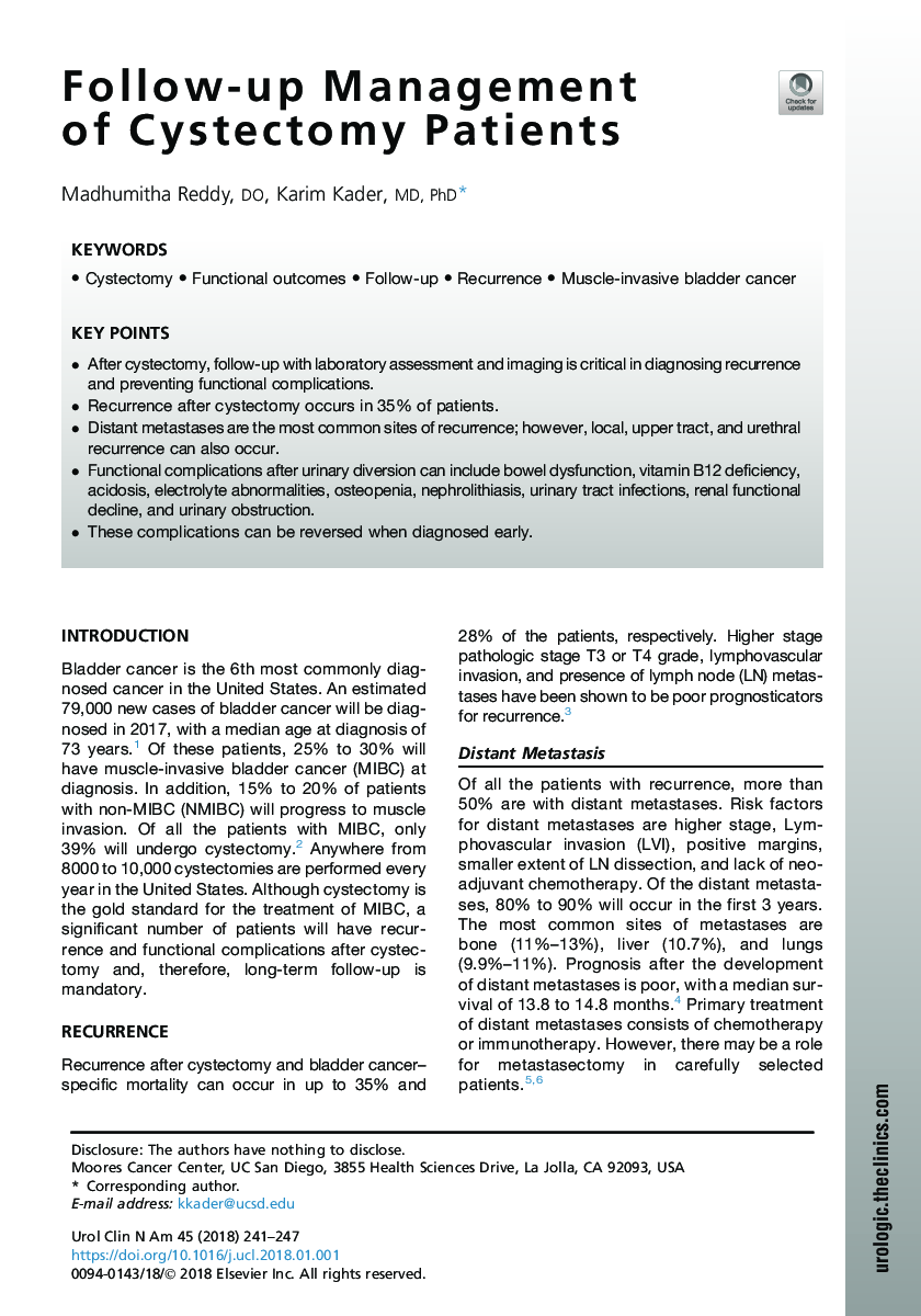 Follow-up Management ofÂ Cystectomy Patients