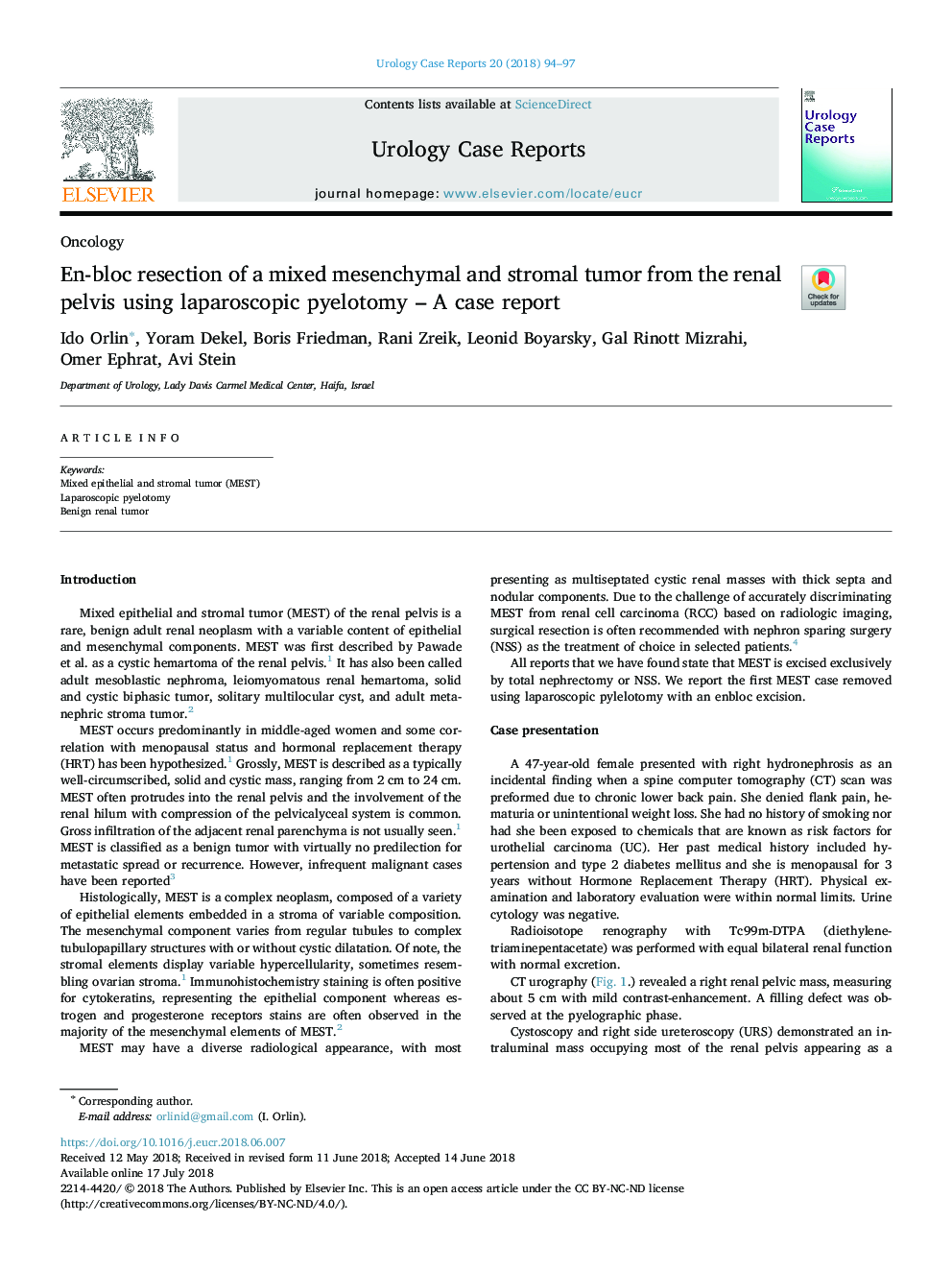 En-bloc resection of a mixed mesenchymal and stromal tumor from the renal pelvis using laparoscopic pyelotomy - A case report