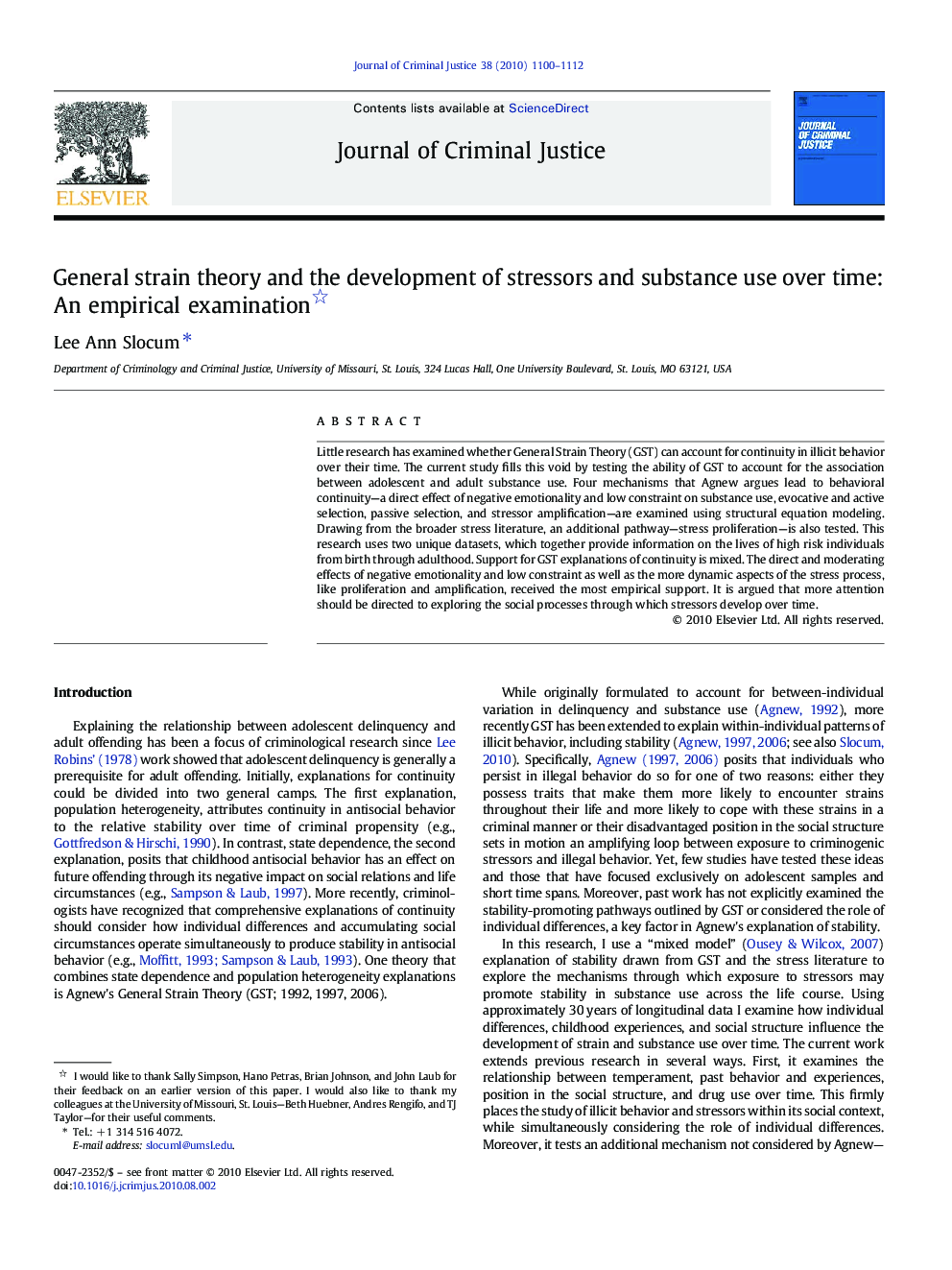 General strain theory and the development of stressors and substance use over time: An empirical examination 