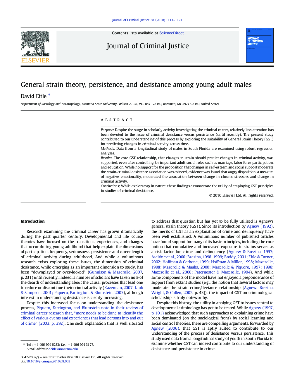 General strain theory, persistence, and desistance among young adult males
