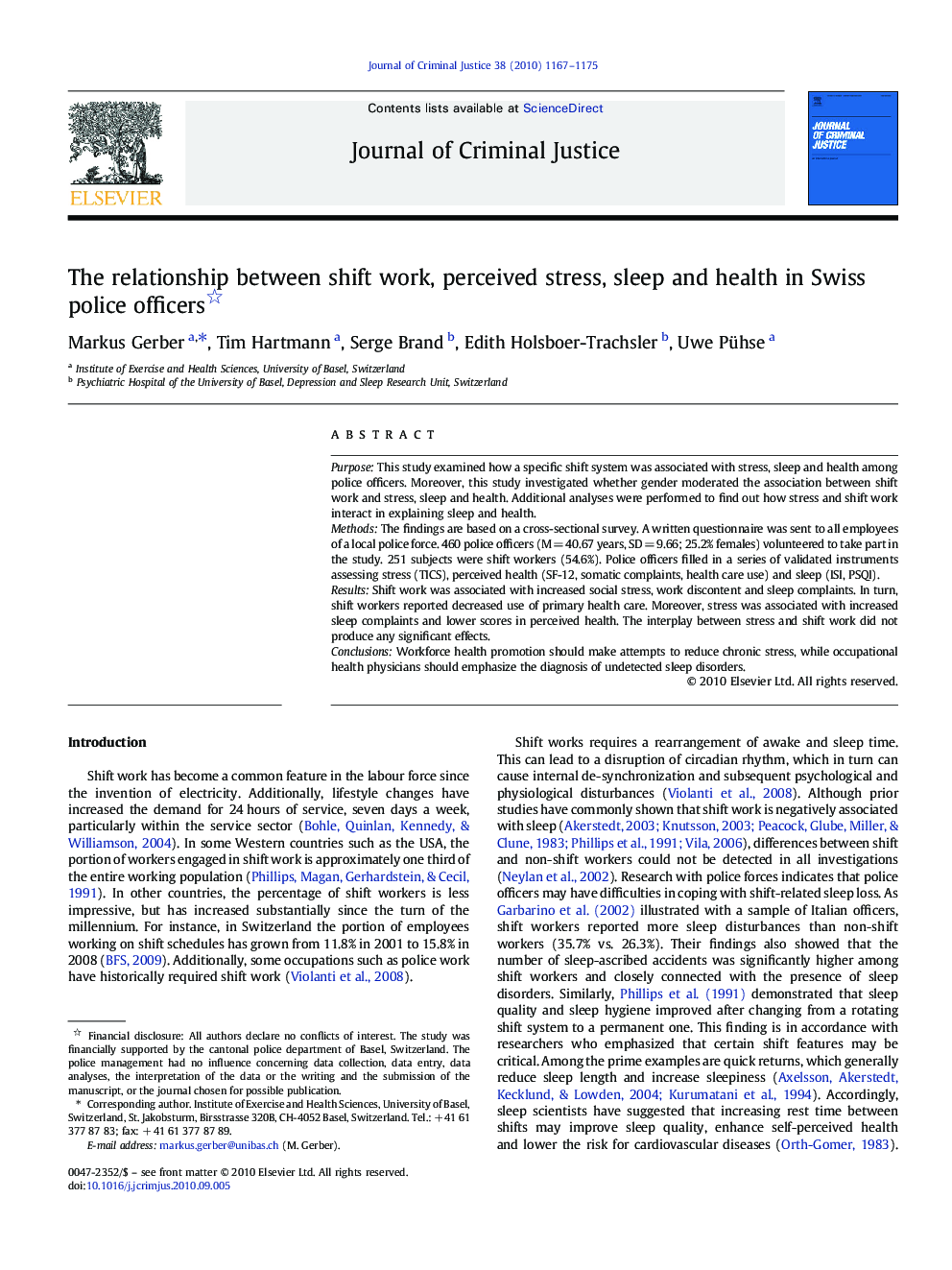The relationship between shift work, perceived stress, sleep and health in Swiss police officers 