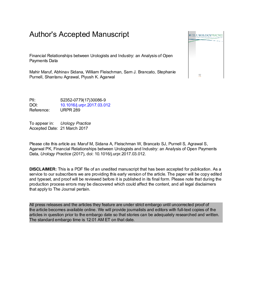 Financial Relationships between Urologists and Industry: An Analysis of Open Payments Data