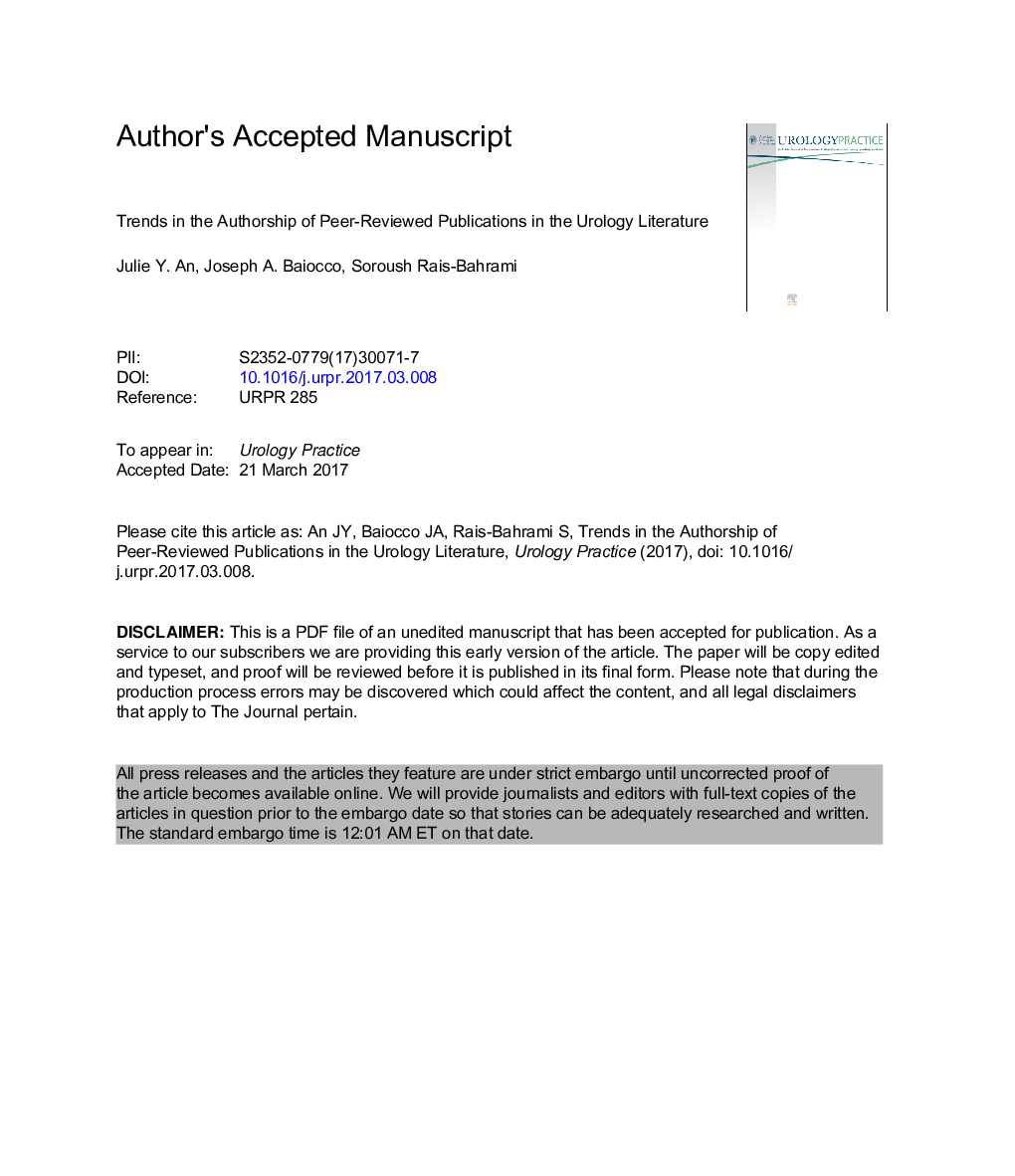 Trends in the Authorship of Peer Reviewed Publications in the Urology Literature