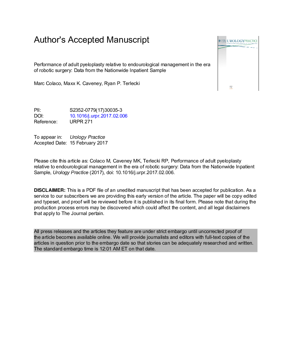 Performance of Adult Pyeloplasty Relative to Endourological Management in the Era of Robotic Surgery: Data from the Nationwide Inpatient Sample