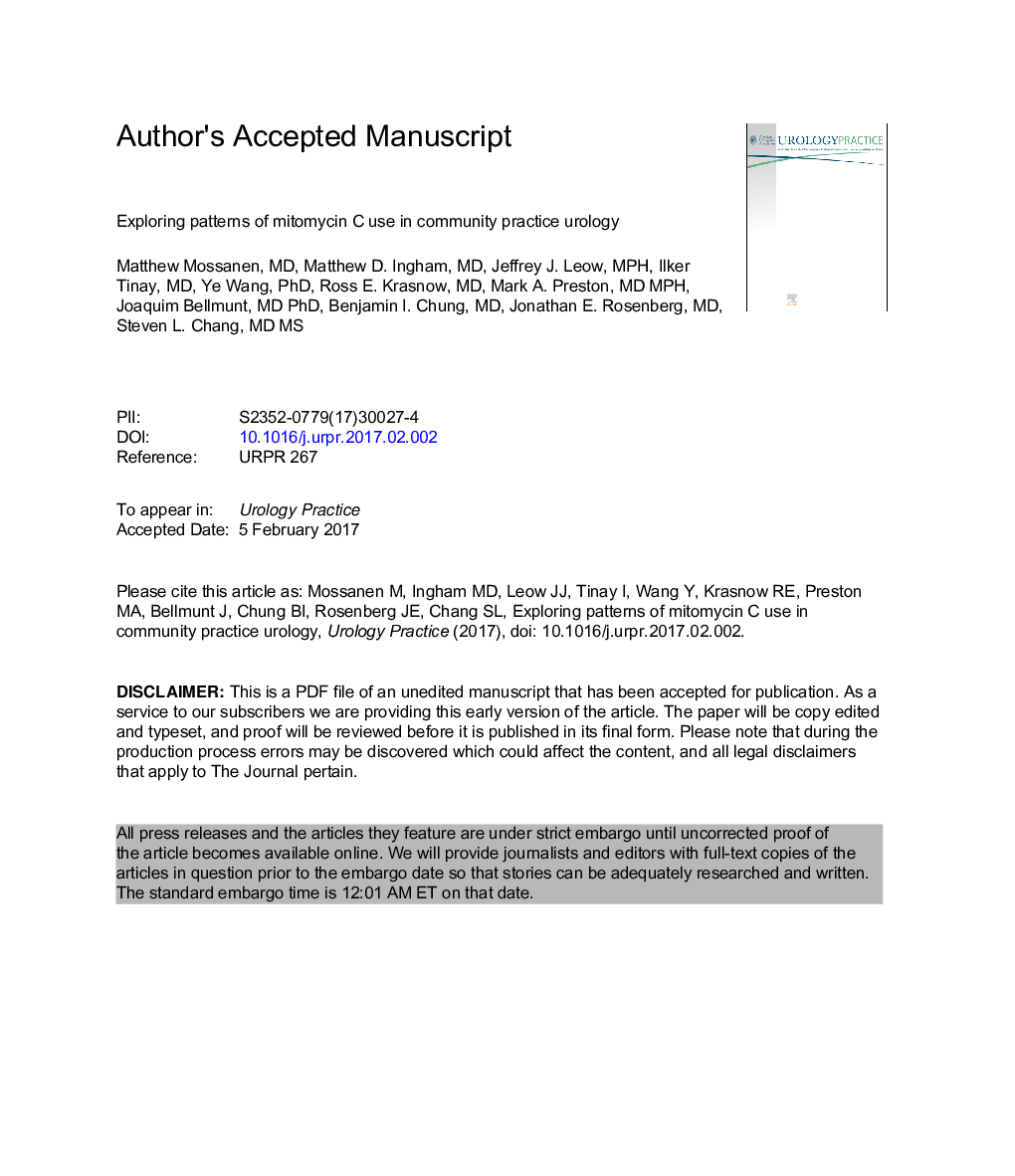 Exploring Patterns of Mitomycin C Use in Community Practice Urology