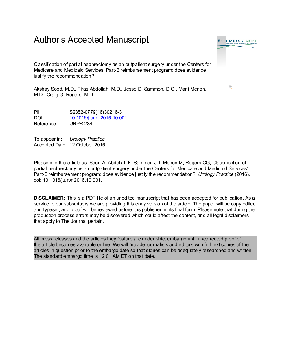 Classification of Partial Nephrectomy as an Outpatient Surgery under CMSÂ Part B Reimbursement Program-Does the Evidence JustifyÂ theÂ Recommendation?