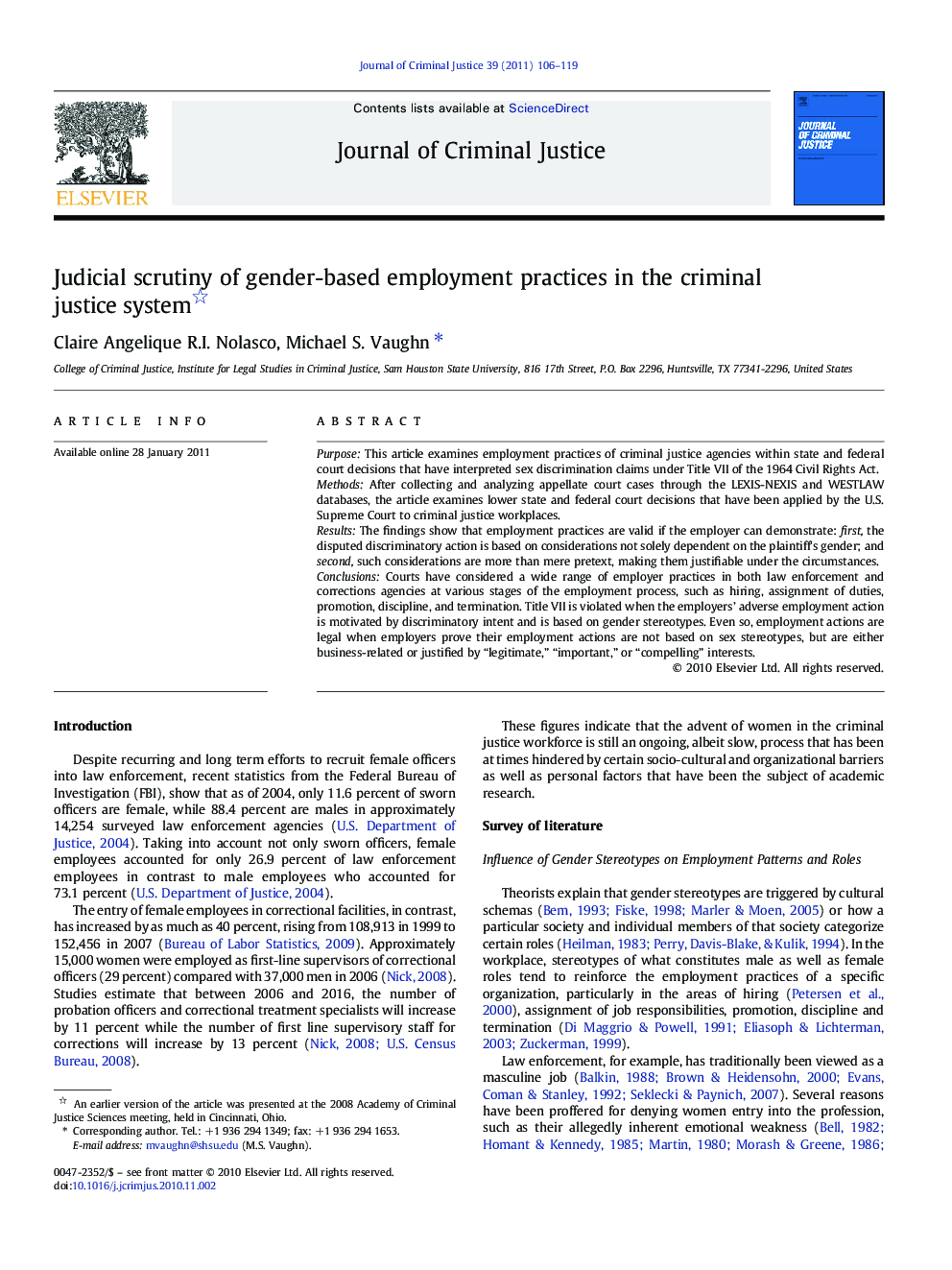 Judicial scrutiny of gender-based employment practices in the criminal justice system 