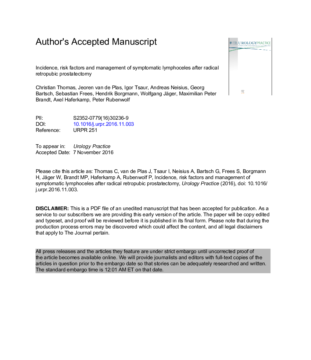 Incidence, Risk Factors and Management of Symptomatic Lymphoceles after Radical Retropubic Prostatectomy