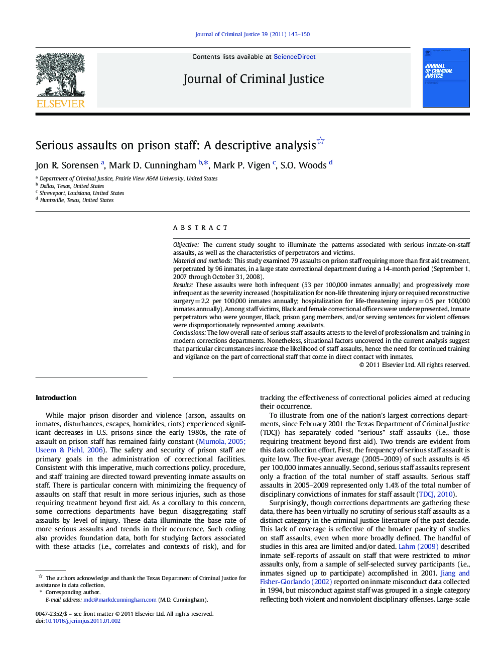 Serious assaults on prison staff: A descriptive analysis 