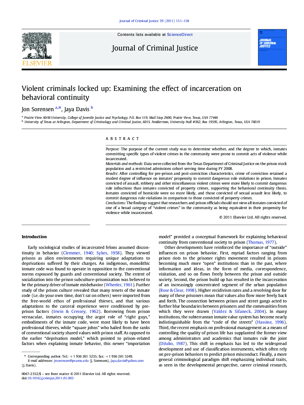 Violent criminals locked up: Examining the effect of incarceration on behavioral continuity