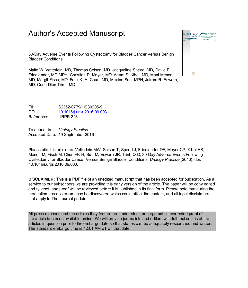 30-Day Adverse Events Following Cystectomy for Bladder Cancer Versus Benign Bladder Conditions