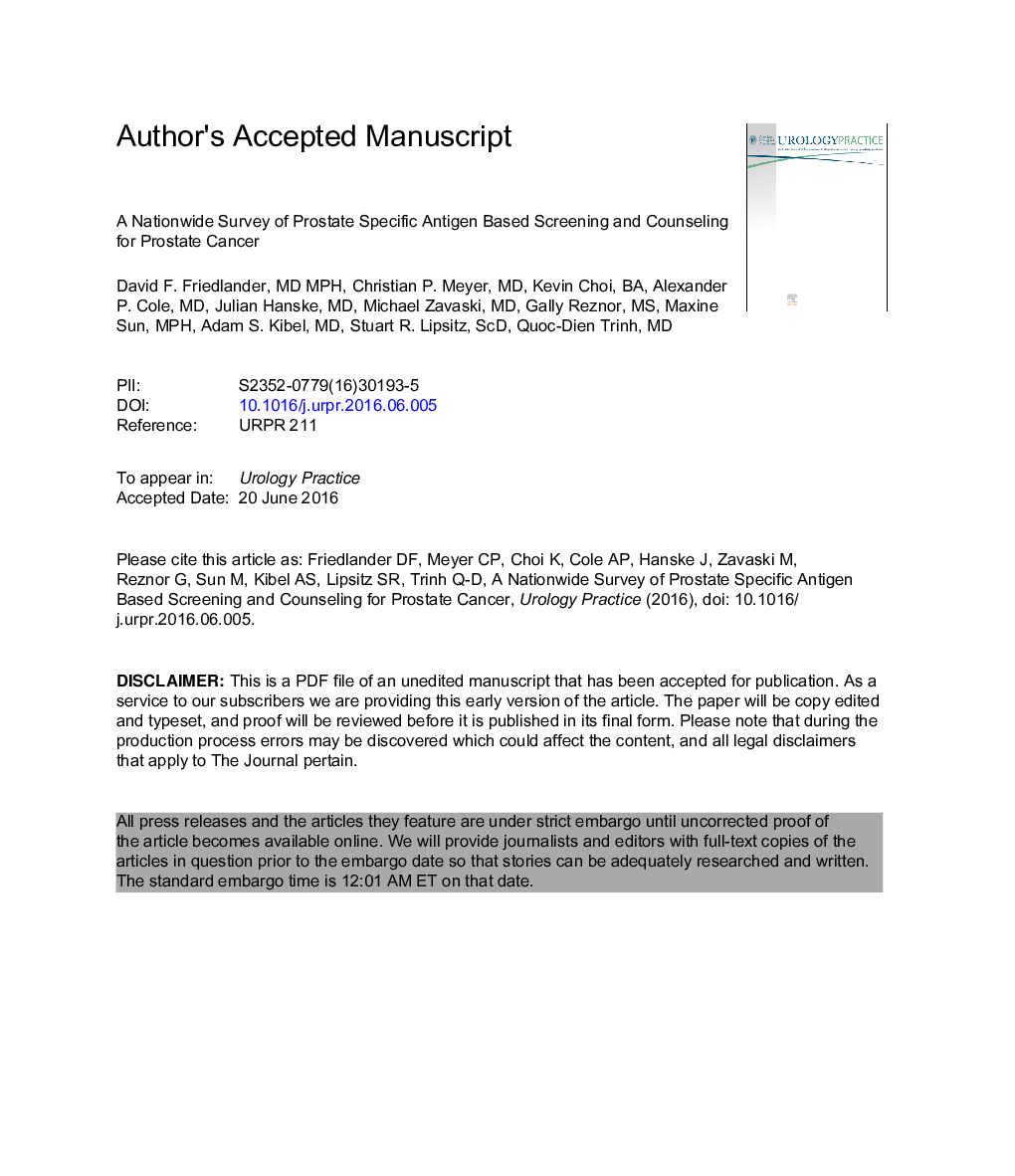 A Nationwide Survey of Prostate Specific Antigen Based Screening and Counseling for Prostate Cancer