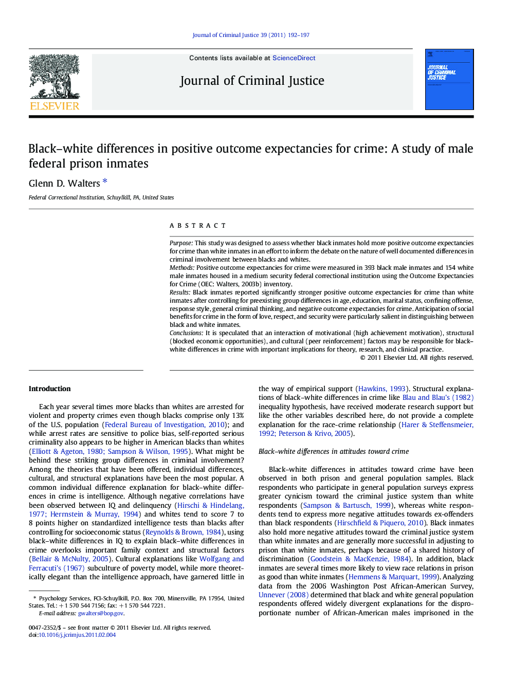 Black–white differences in positive outcome expectancies for crime: A study of male federal prison inmates